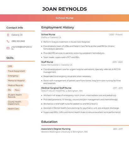 School Nurse Resume