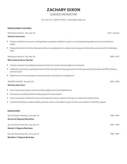 Science Instructor Resume