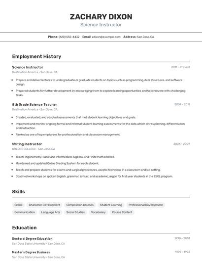 Science Instructor Resume