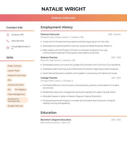 Science Instructor Resume