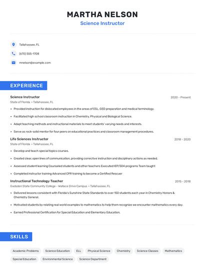 Science Instructor Resume