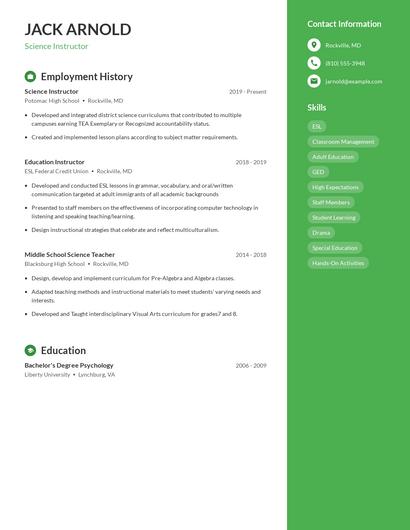 Science Instructor Resume