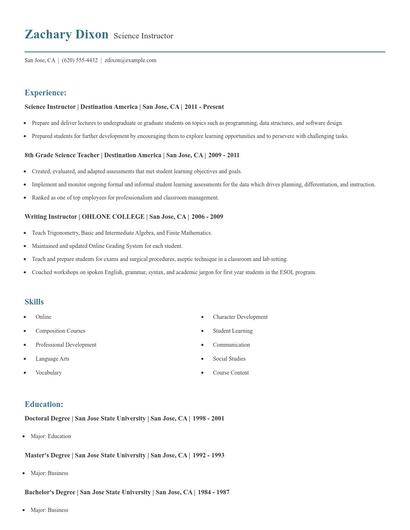 Science Instructor Resume
