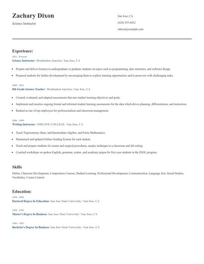 Science Instructor Resume