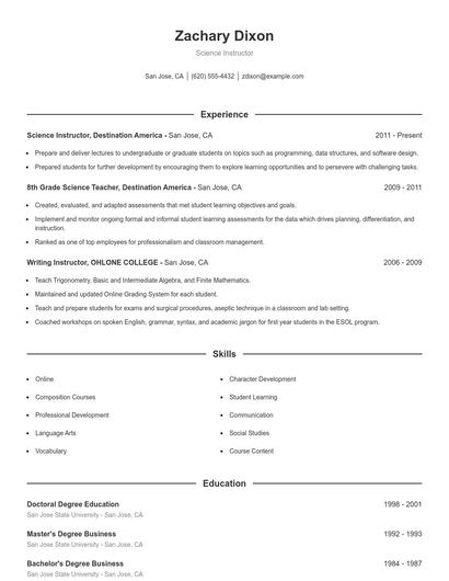 Science Instructor Resume