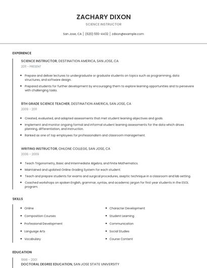 Science Instructor Resume
