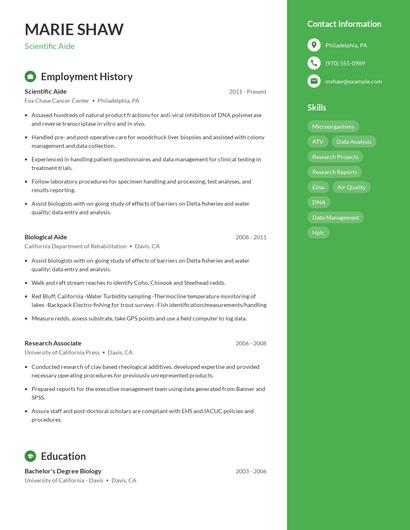 Scientific Aide Resume