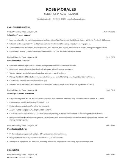 Scientist, Project Leader Resume