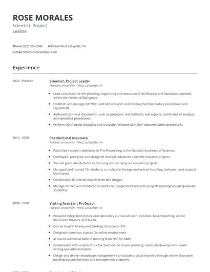 Scientist, Project Leader Resume