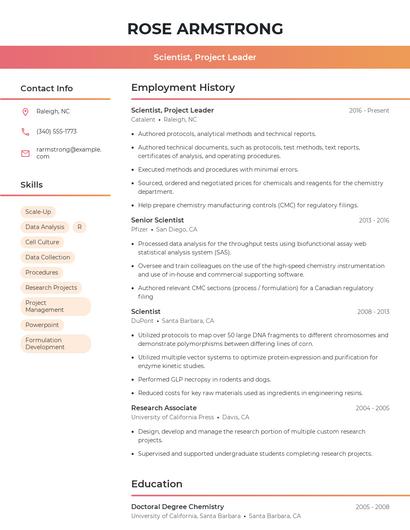 Scientist, Project Leader Resume