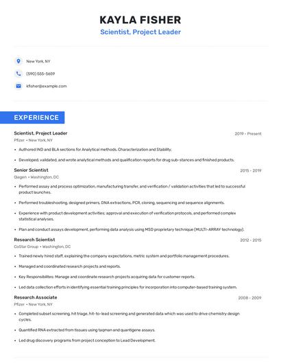 Scientist, Project Leader Resume
