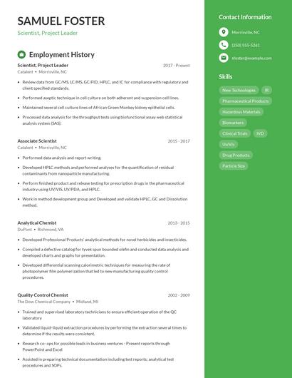 Scientist, Project Leader Resume