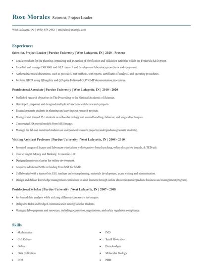 Scientist, Project Leader Resume