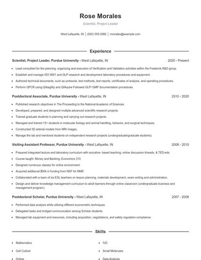 Scientist, Project Leader Resume