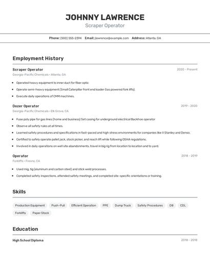 Scraper Operator Resume
