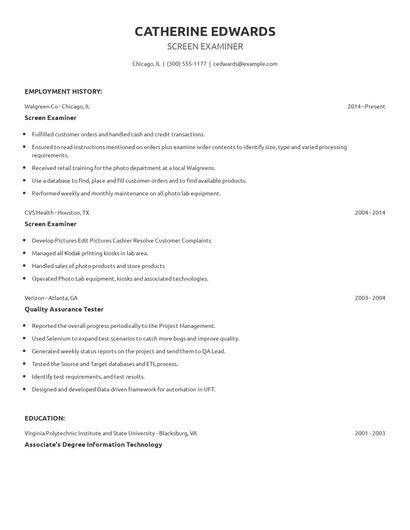 Screen Examiner Resume