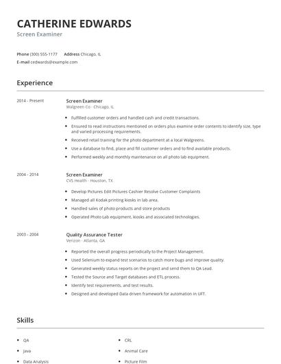 Screen Examiner Resume