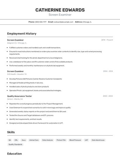 Screen Examiner Resume