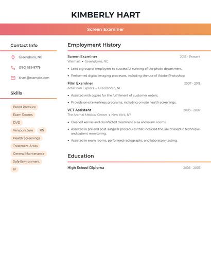 Screen Examiner Resume