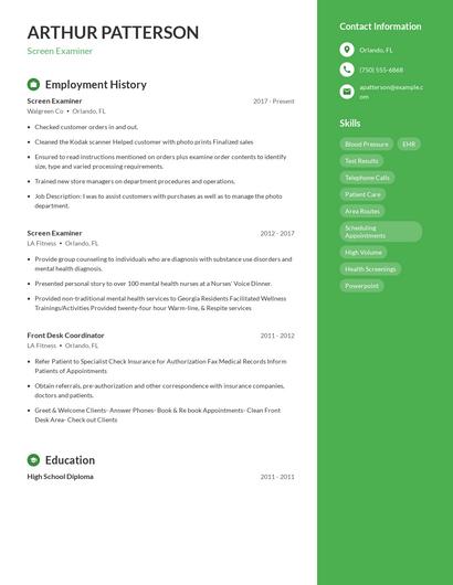 Screen Examiner Resume