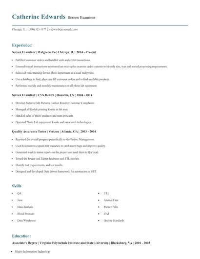 Screen Examiner Resume
