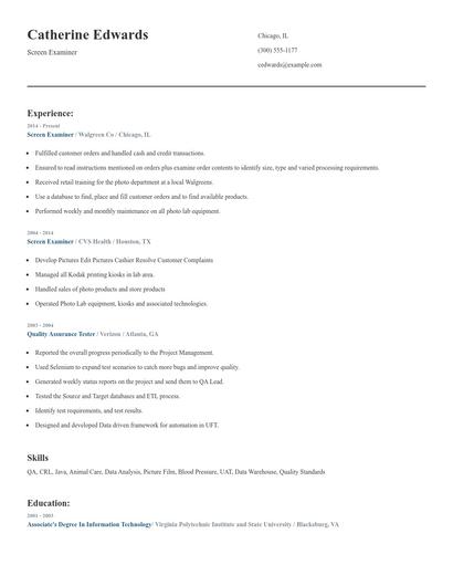 Screen Examiner Resume