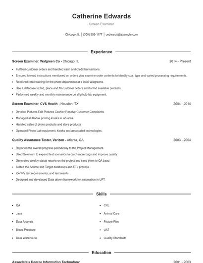 Screen Examiner Resume