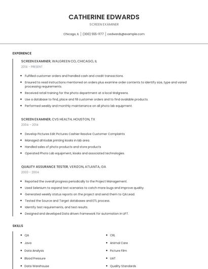 Screen Examiner Resume