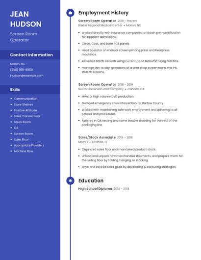 Screen Room Operator Resume