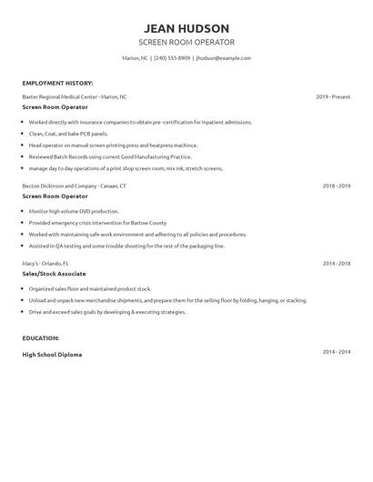 Screen Room Operator Resume