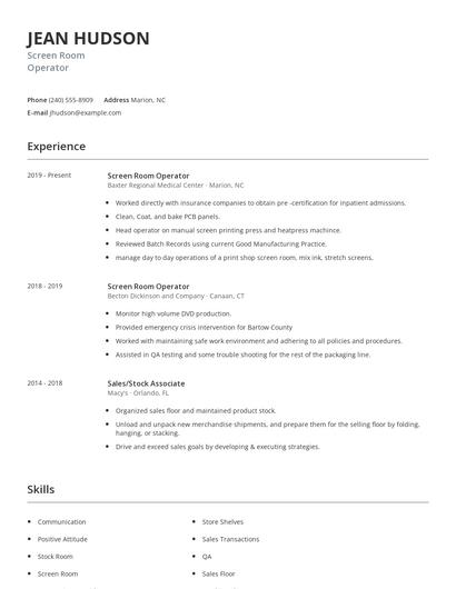 Screen Room Operator Resume