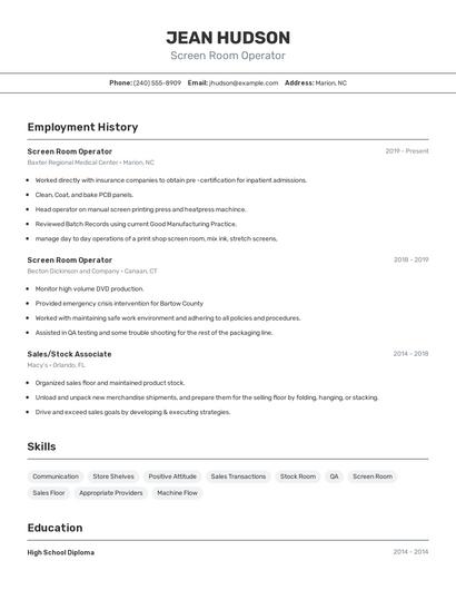 Screen Room Operator Resume