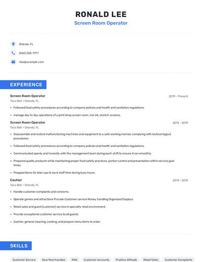 Screen Room Operator Resume