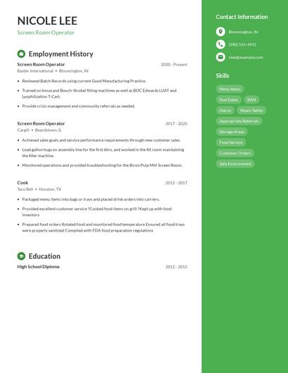 Screen Room Operator Resume