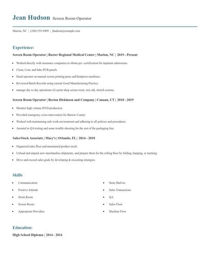 Screen Room Operator Resume