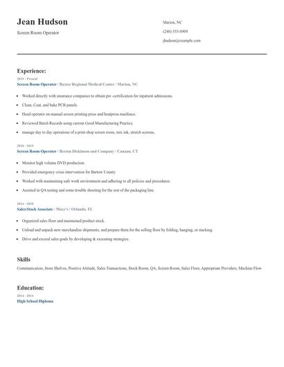 Screen Room Operator Resume