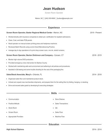 Screen Room Operator Resume