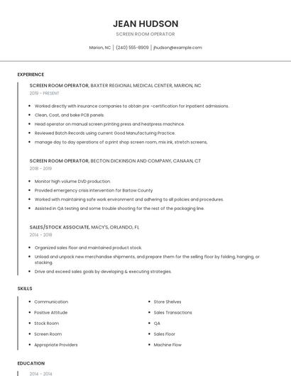 Screen Room Operator Resume