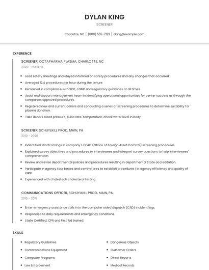 Screener Resume