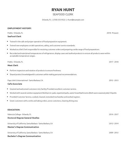 Seafood Clerk Resume