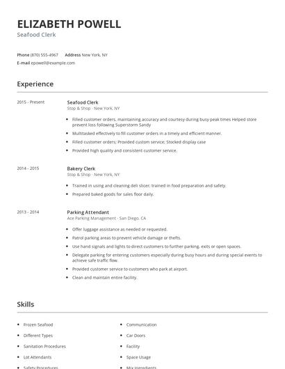 Seafood Clerk Resume