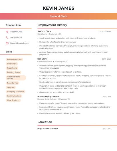 Seafood Clerk Resume