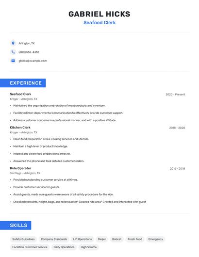 Seafood Clerk Resume