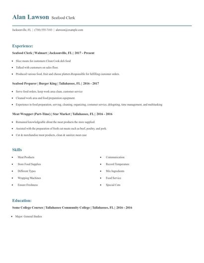 Seafood Clerk Resume