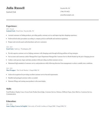 Seafood Clerk Resume
