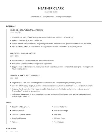 Seafood Clerk Resume