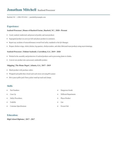 Seafood Processor Resume