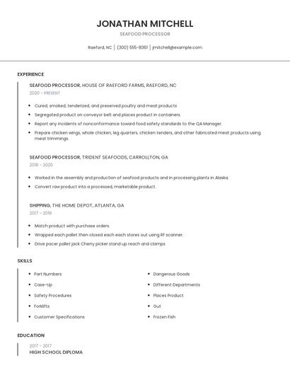 Seafood Processor Resume