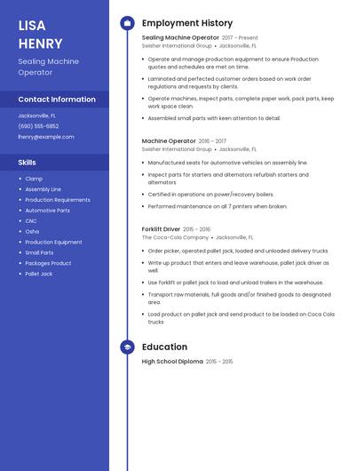 Sealing Machine Operator Resume