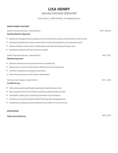 Sealing Machine Operator Resume